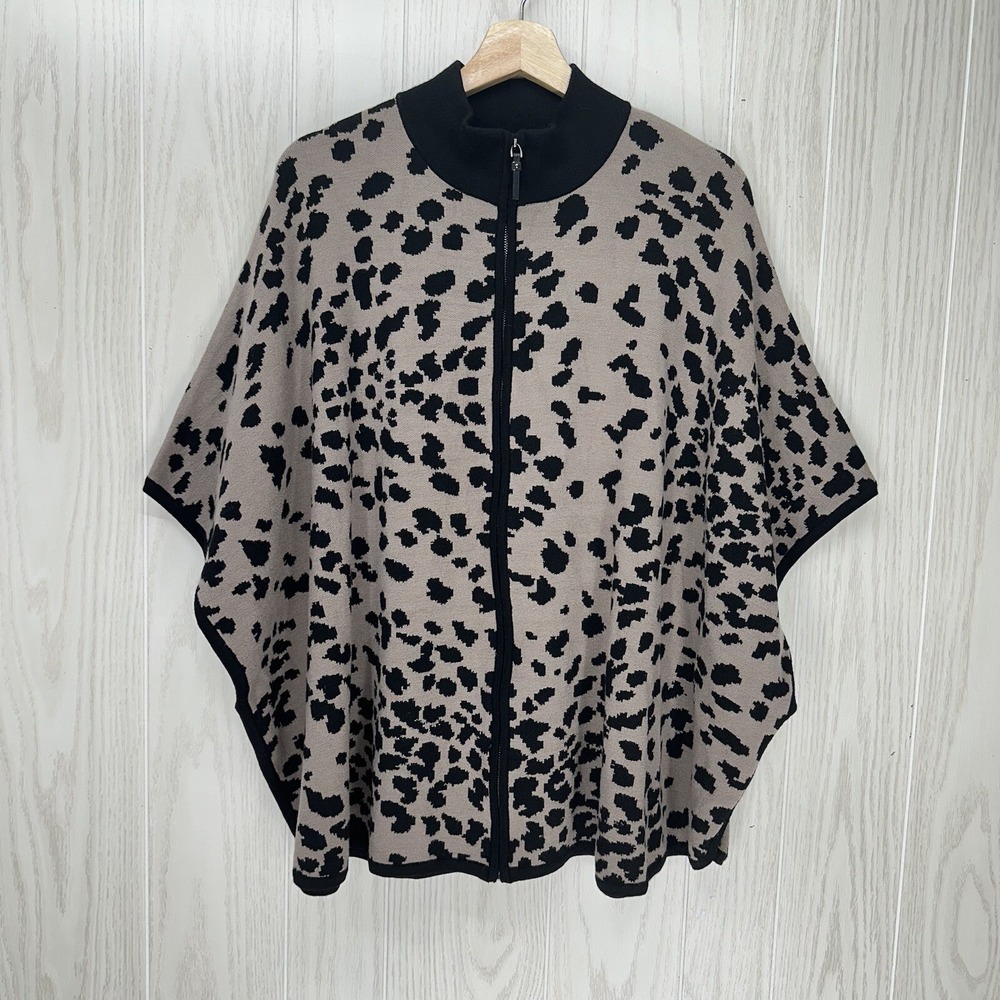 Nicole Miller Poncho Sweater Womens Black Tan L/XL Animal Cheetah Print Full Zip
